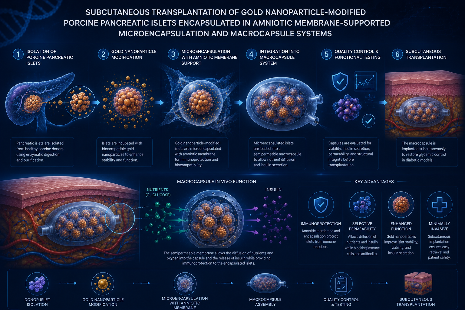 Subcutaneous transplantation of gold nanoparticle-modified porcine pancreatic islets encapsulated in amniotic membrane-supported microencapsulation and macrocapsule systems — translational research infographic