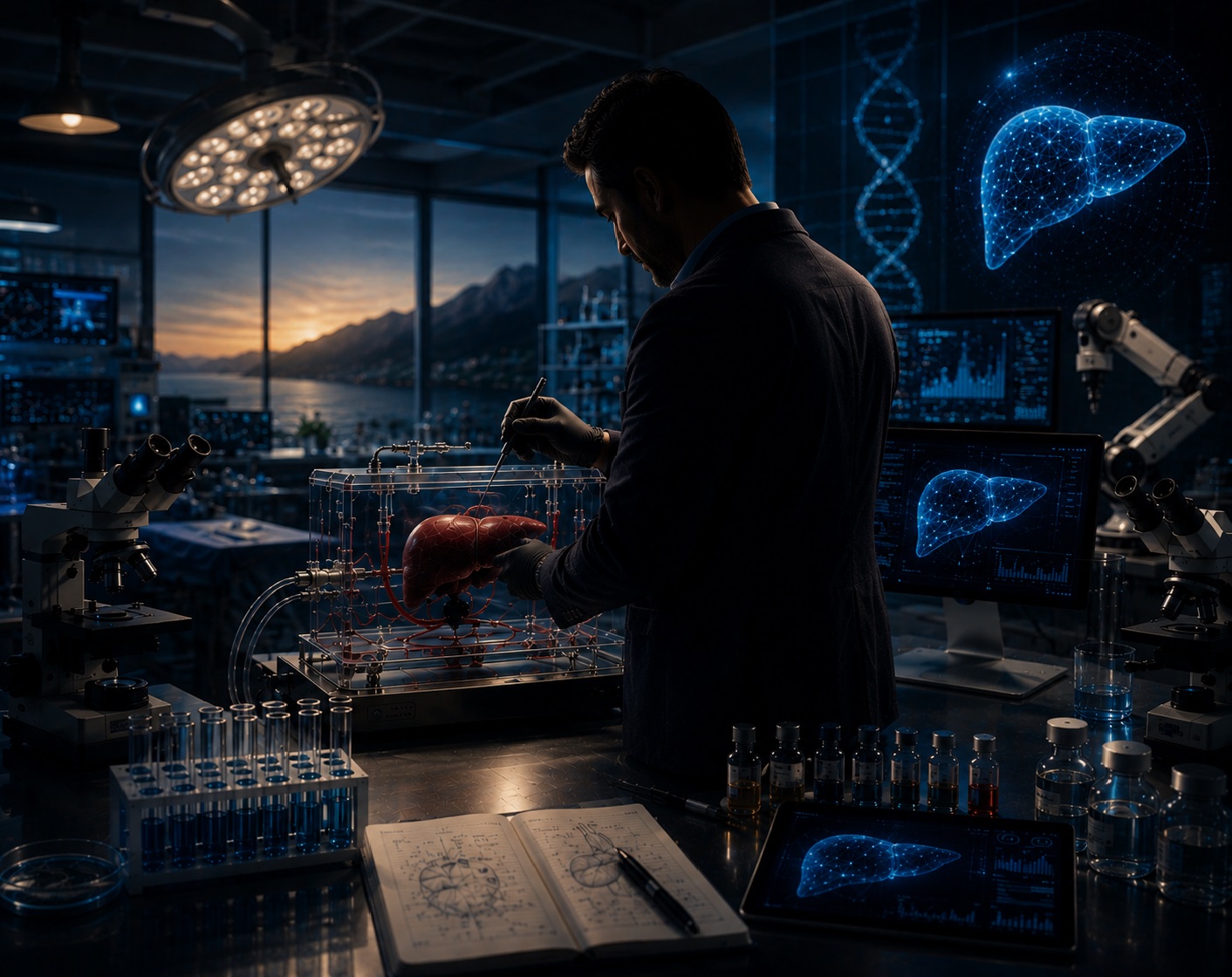 Surgeon-scientist working on organ perfusion platform in laboratory