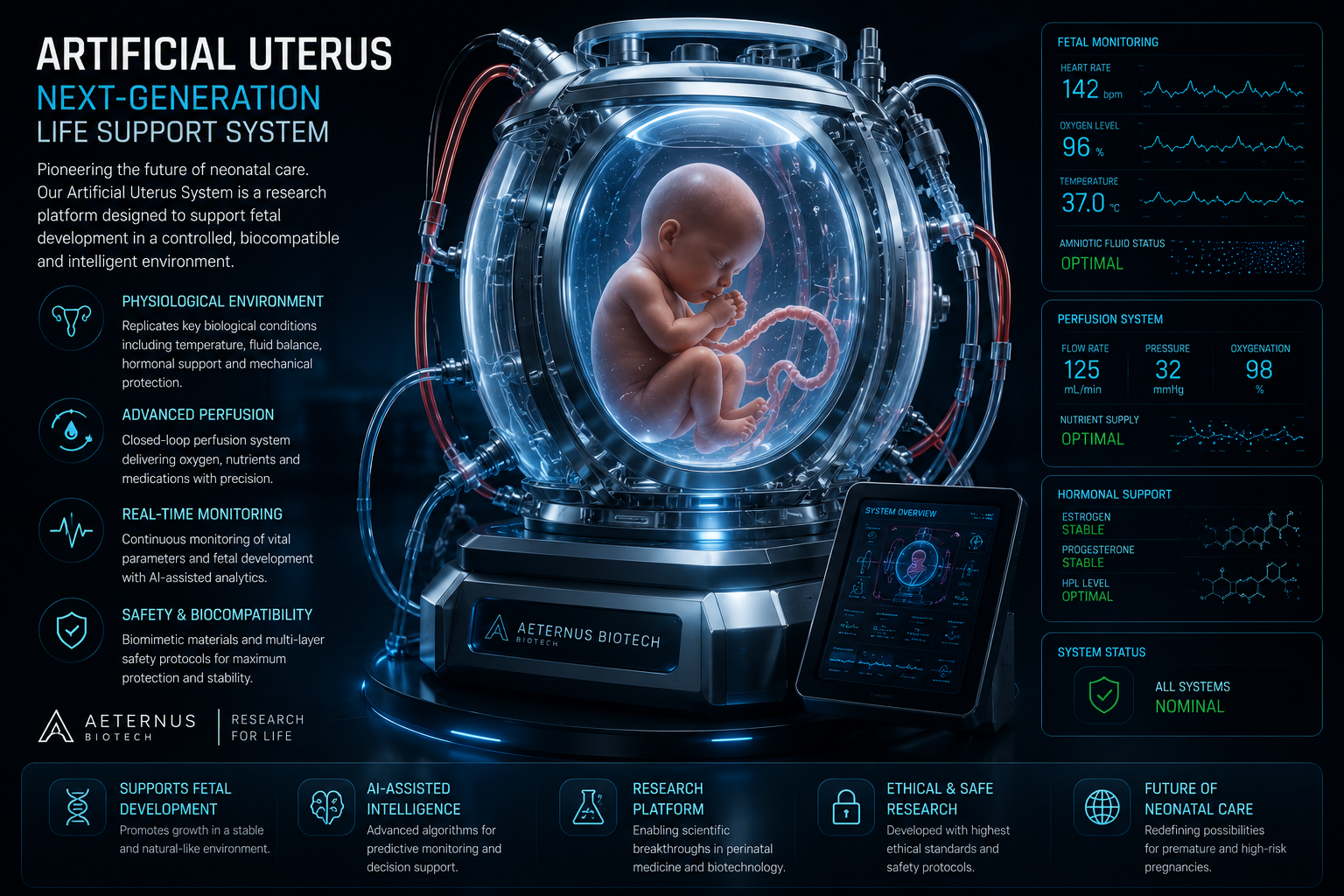 Artificial Uterus & Extracorporeal Fetal Support Research Platform — biomimetic developmental environment with perfusion, monitoring and physiologic control systems.