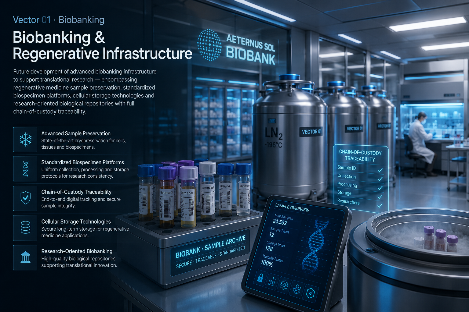 Aeternus Sol Biobank — cryogenic vaults, biospecimen archive and chain-of-custody traceability