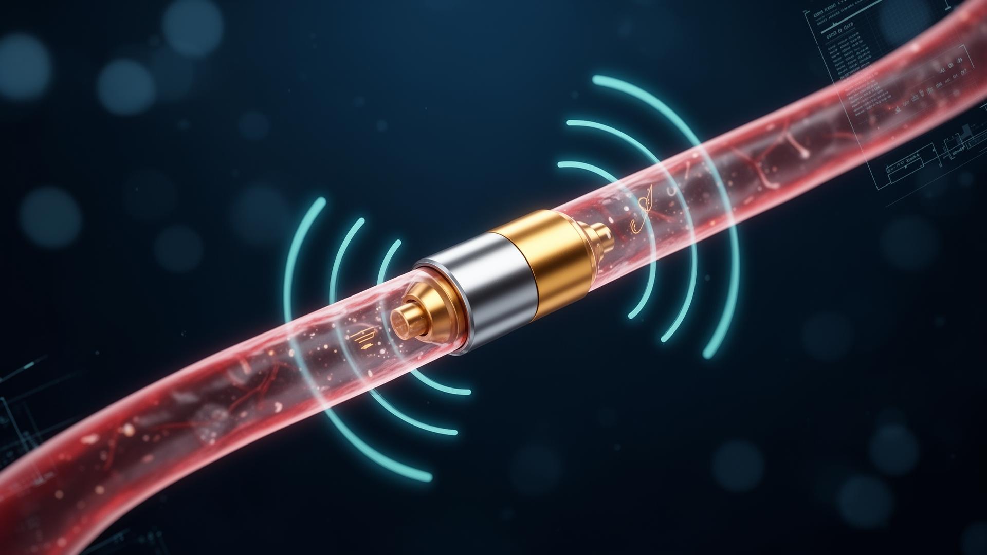 Implantable biotelemetry device wrapped around a vascular structure, transmitting wireless RF signals for real-time pressure monitoring.