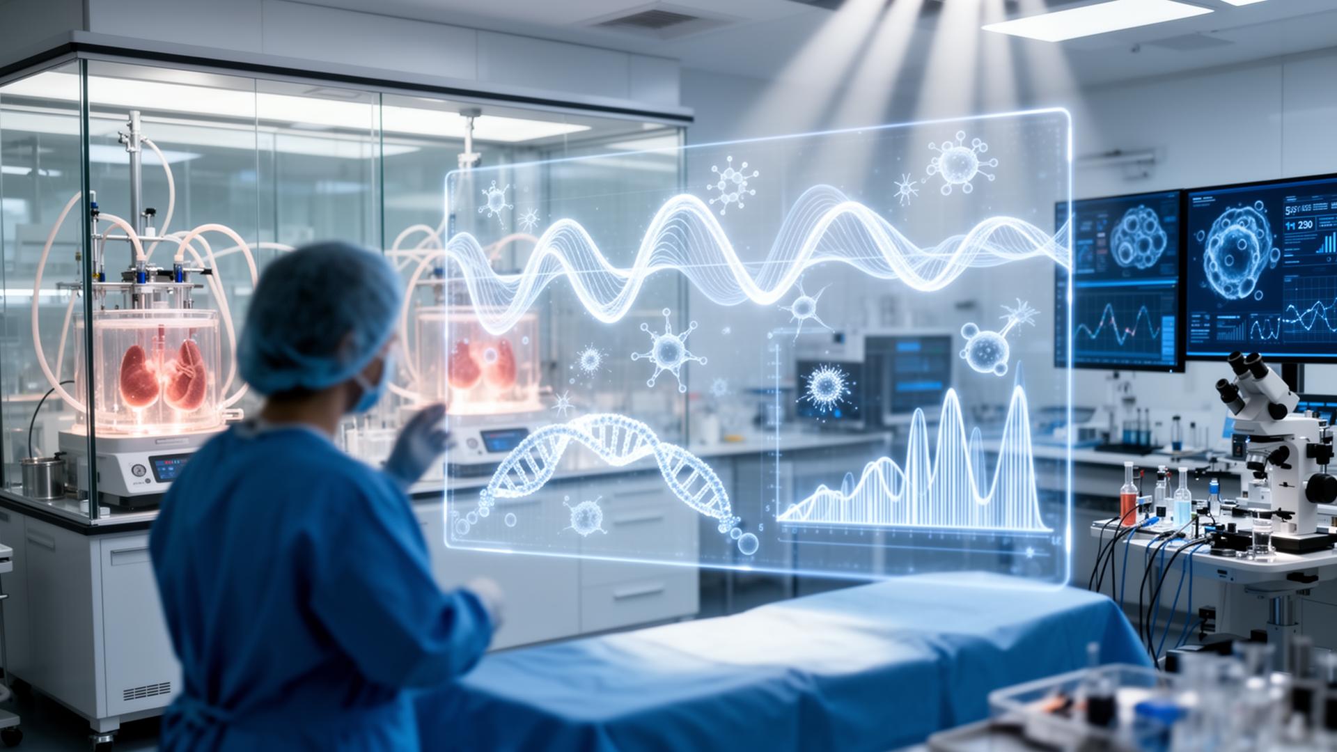 Evidence-based regenerative medicine — clinical research environment integrating operating room, biotechnology laboratory, and holographic data visualization
