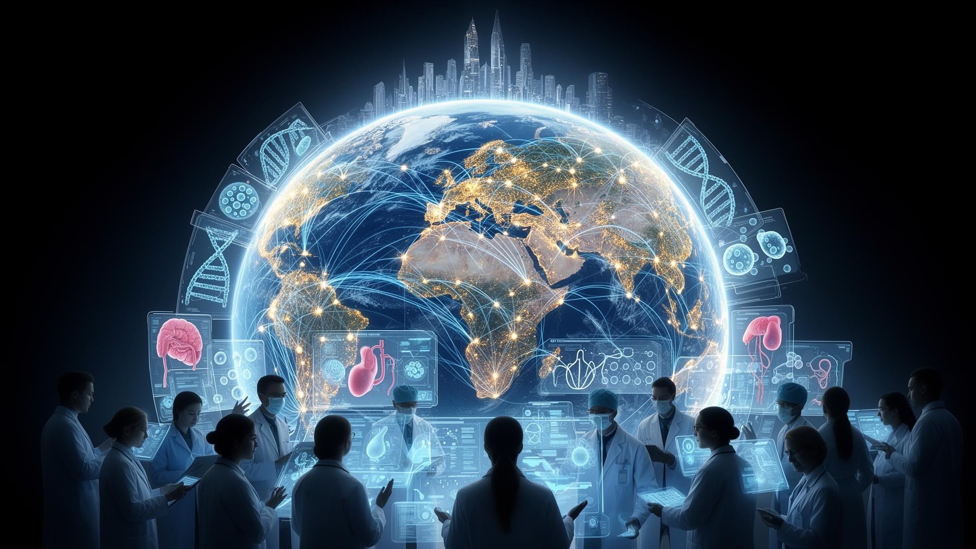 A glowing Earth from space connected by luminous regenerative medicine networks
