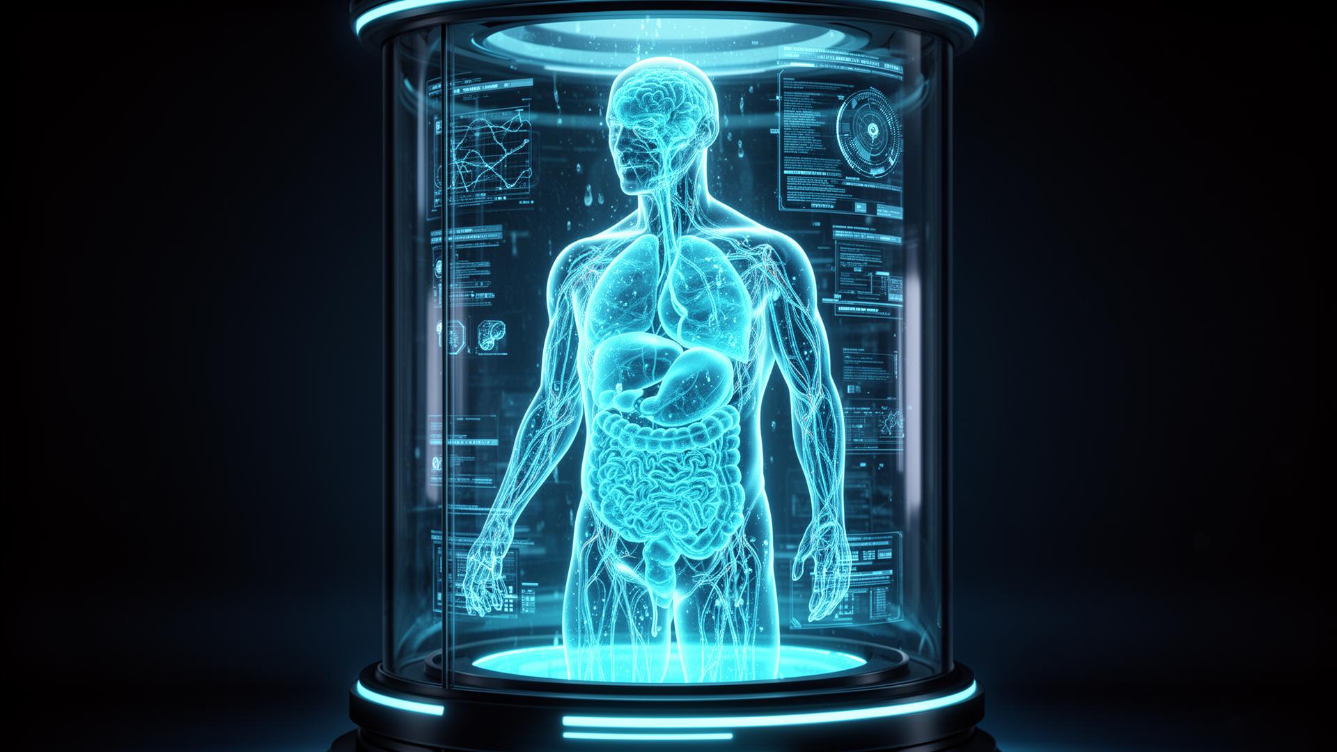 Holographic visualization of an organ inside a futuristic perfusion chamber