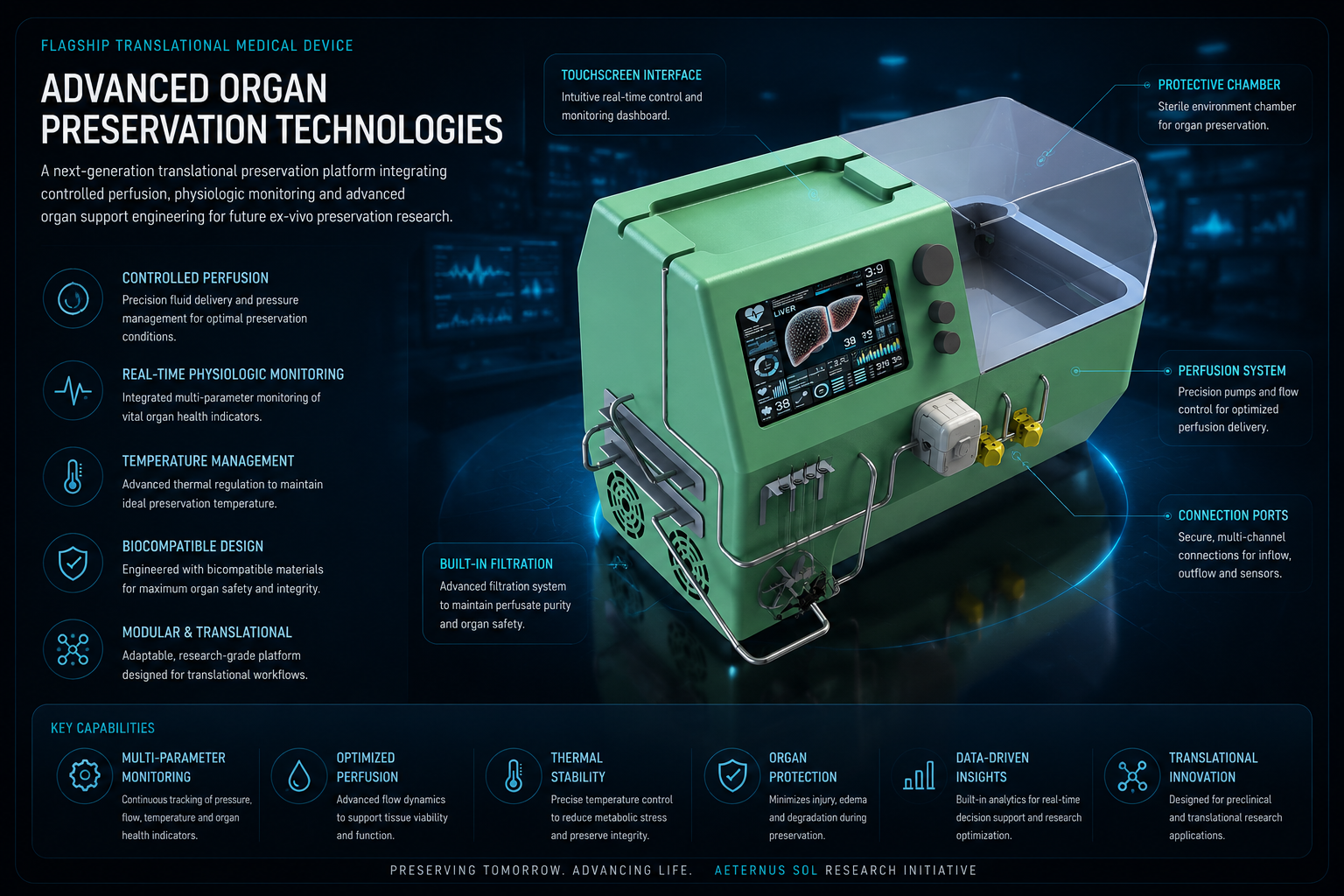 Flagship translational organ preservation device — normothermic machine perfusion platform with integrated physiologic monitoring interface.