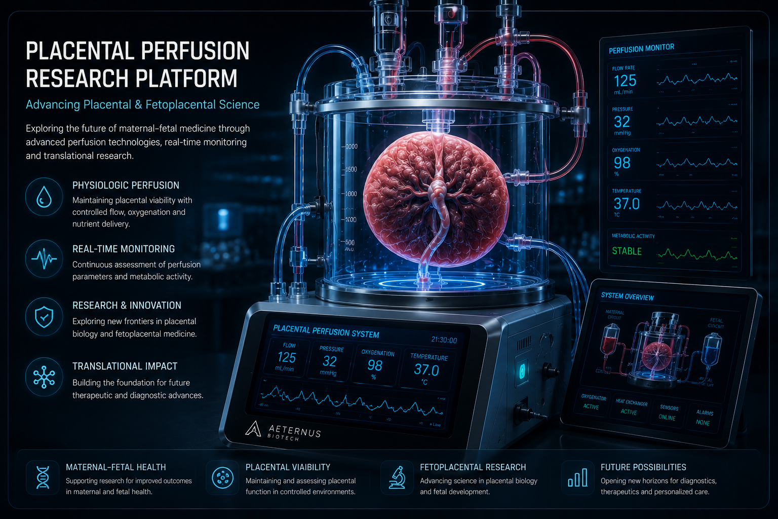Placental Perfusion Research Platform — cinematic biomedical visualization of an ex-vivo placental bioreactor with perfusion tubing, physiologic monitoring dashboards and maternal-fetal circuit overview