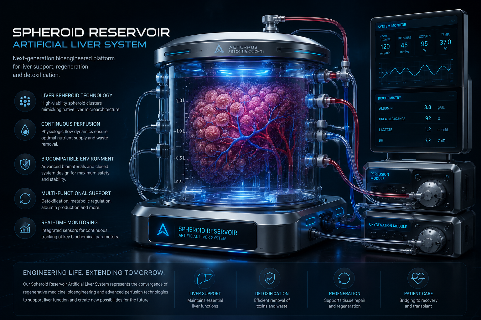 Spheroid Reservoir Artificial Liver Support Platform — bioengineered modular bioreactor with continuous perfusion, oxygenation modules and real-time biochemical monitoring.